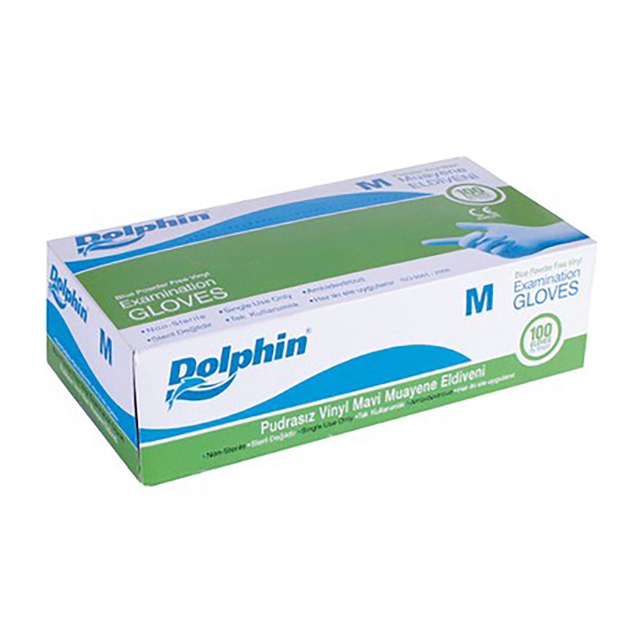 Dolphin Vinil Pudrasız Muayene Eldiveni Mavi M 100'Lü